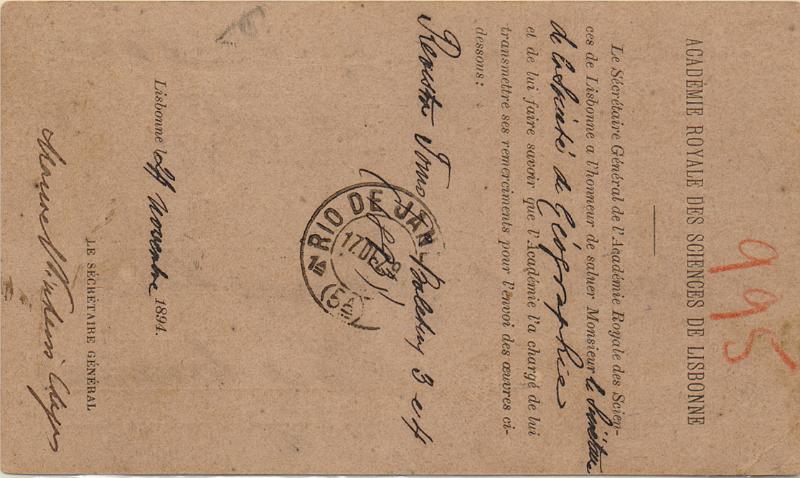 0363 f.jpg -     Lote:    363 (frente)                   Descrição:         1892/95 &mdash; D. Carlos I Diogo Neto. CE15, 30 reis azul. Circulado de Lisboa (20.11.94) para o Rio de Janeiro (11.12.94). Repicado por ACADEMIE ROYALE DES SCIENCES DE LISBONNE. MR.        IC       Valor Base:     &euro; 20,00     Valor Venda:     &euro;      